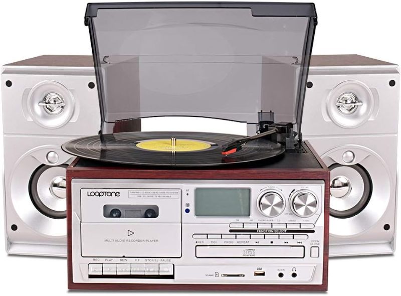 Photo 1 of LoopTone Vinyl Record Player with Dual 15W External Speakers 9 in 1 3 Speed Bluetooth Vintage Turntable CD Cassette Player AM/FM Radio USB Recorder Aux-in RCA Line-Out