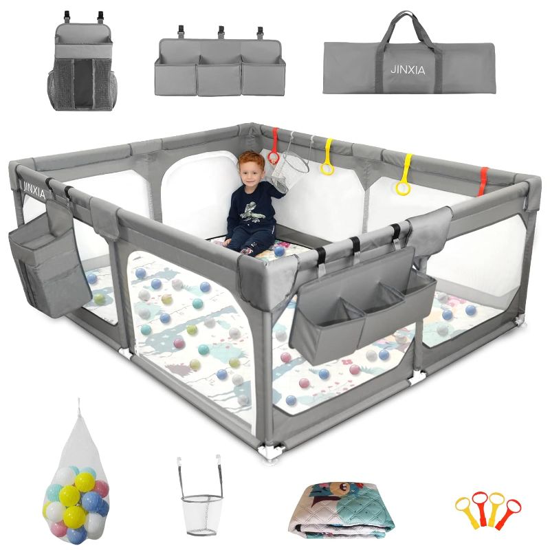 Photo 1 of Baby Playpen Set(Grey 75"*59"), playpin for Babies and Toddlers, Extra Large Baby Fence Area with Anti-Slip Base,Playard Indoor & Outdoor with Playmat