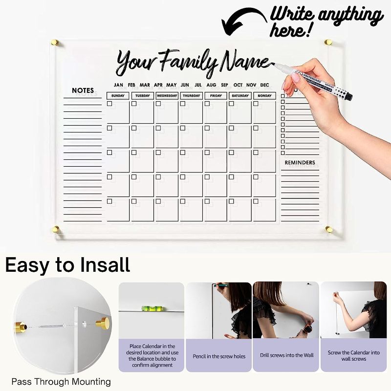 Photo 1 of Premium 24" x 18" Clear Acrylic Dry Erase Wall Calendar | Whiteboard Calendar | Monthly Planner for Home Office | Dry Erase Calendar for Wall | Acrylic Large Wall Calendar | 3 Colors of Standoff Screws Included | Merely Home