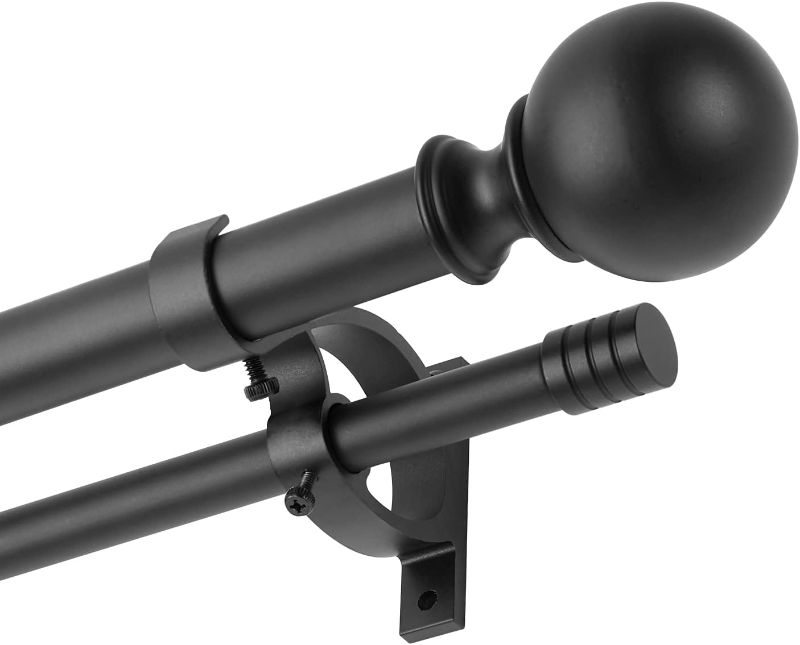 Photo 1 of Kemmie 1" Classic Window Curtain Rod with Round & Barrel Finials Simple Double Telescoping Drapery Rod, 72-144", Matted Black