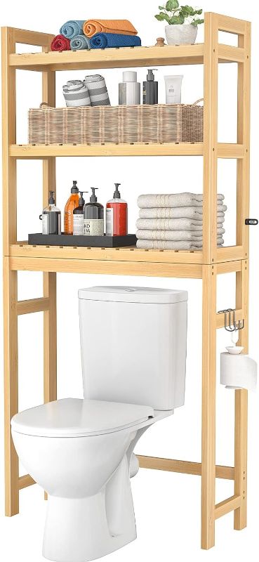 Photo 4 of  
Homykic Over The Toilet Storage, 3-Tier Bamboo Bathroom Shelf with 3 Hooks, Above Toilet Organizer Rack Freestanding for Small Space, Restroom, Laundry,...darker color wood