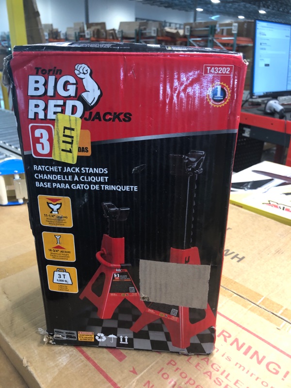 Photo 2 of BIG RED T43202 Torin Steel Jack Stands: 3 Ton (6,000 lb) Capacity, Red, 2 Count (Pack of 1) & MAXXHAUL 70472 Solid Rubber Heavy Duty Black Wheel Chock 2-Pack, 8" x 4" x 6" 2 count (pack of 1) Stands + Black Wheel Chock 2-Pack