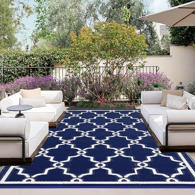 Photo 1 of 
OutdoorLines Outdoor Reversible Rugs for Patio 4x6 ft - Outside Plastic Carpet, Stain & UV Resistant Portable RV Mat, Straw Rug for Camping, Backyard, Deck, Picnic, Porch Moroccan Navy & White