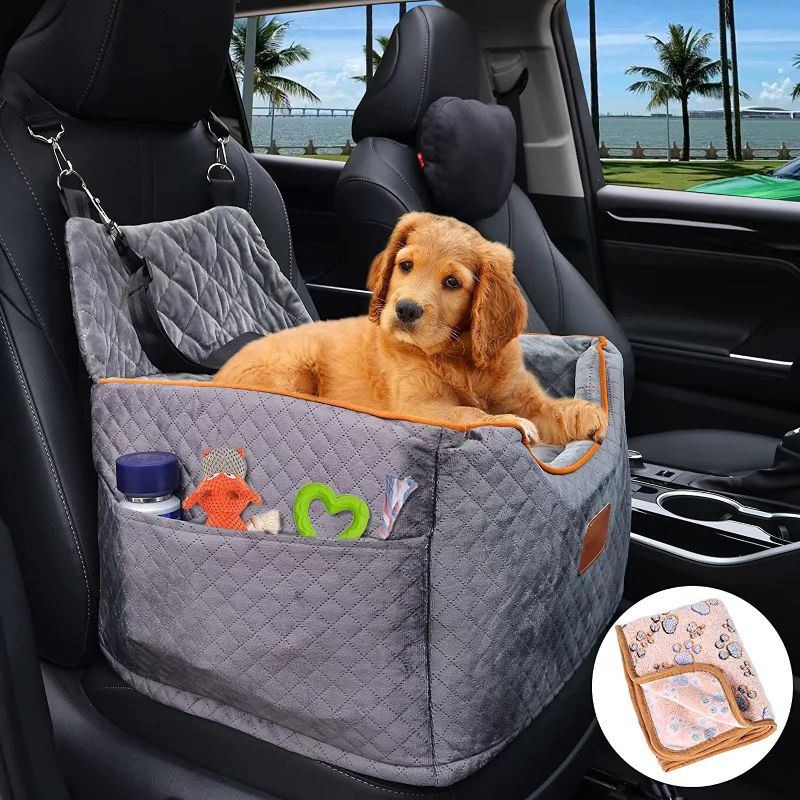 Photo 1 of AlfaTok Memory Foam Booster Dog Car Seat with Washable Removable Cover, Elevated Pet Car Seat, Anti-Slip Sturdy Dog Booster Seats for Small Dogs 25lbs, Dog Seat Belt, Storage Pocket, Dog Blankets
