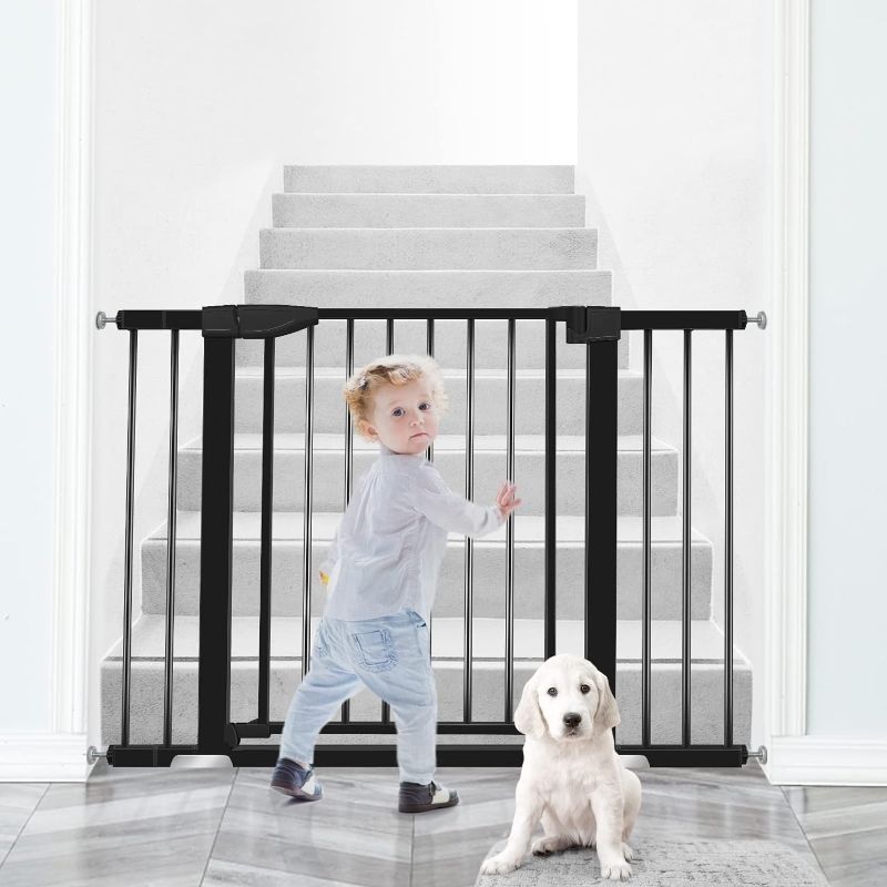 Photo 1 of 29.3"-46" Wide Auto Close Safety Baby Gate, Yacul Pressure Mount Child Gate, 30" Tall, Easy Walk Thru Dog Gate for House, Stairs, Doorways, with 3 Extensions 2.75", 2.75", 8.25", Black
