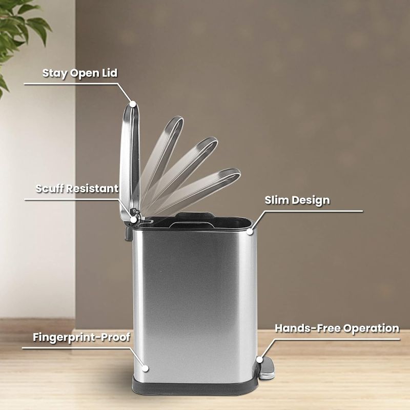 Photo 1 of 10 Liter/2.6 Gallon Stainless Steel Trash Can with Lid Soft Close, Removable Inner Waste Basket, Small Garbage Can for Bathroom Bedroom Office, Step Trash Bin, Anti-Fingerprint Brushed Finish, Silver
***Small scrapes/ scratches on the side*** 