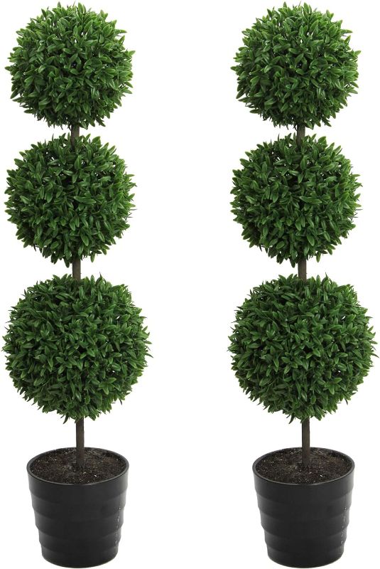 Photo 1 of Admired By Nature 24 Inch Artificial Boxwood Topiary Plants - 3 Ball-Shape Faux Topiaries with Planters for Home Decor, Office Desk, Front Porch Indoor and Outdoor - Green with Black Pot, 2 Pack
