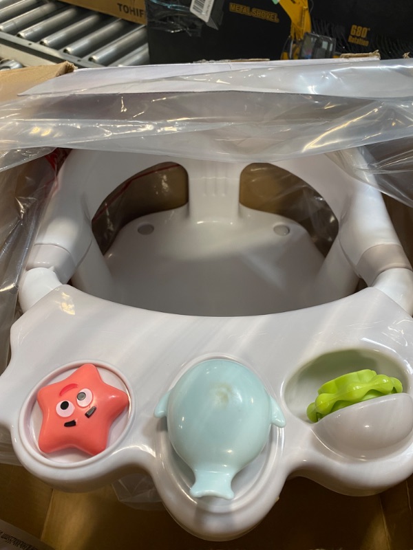 Photo 3 of Baby Bath Seat - 2 Rotating Toys + 1 Pressing Toy - Ergonomic Backrest - Side Opening Design - 4 Powerful Non-Slip Suction Cups - Ideal Gift for Infant 6-36 Months (A-White)