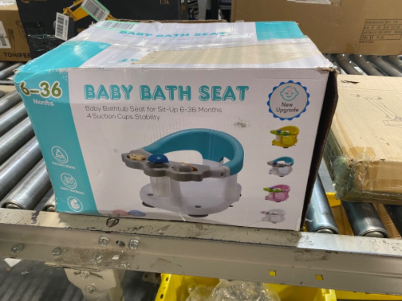 Photo 2 of Baby Bath Seat - 2 Rotating Toys + 1 Pressing Toy - Ergonomic Backrest - Side Opening Design - 4 Powerful Non-Slip Suction Cups - Ideal Gift for Infant 6-36 Months (A-White)