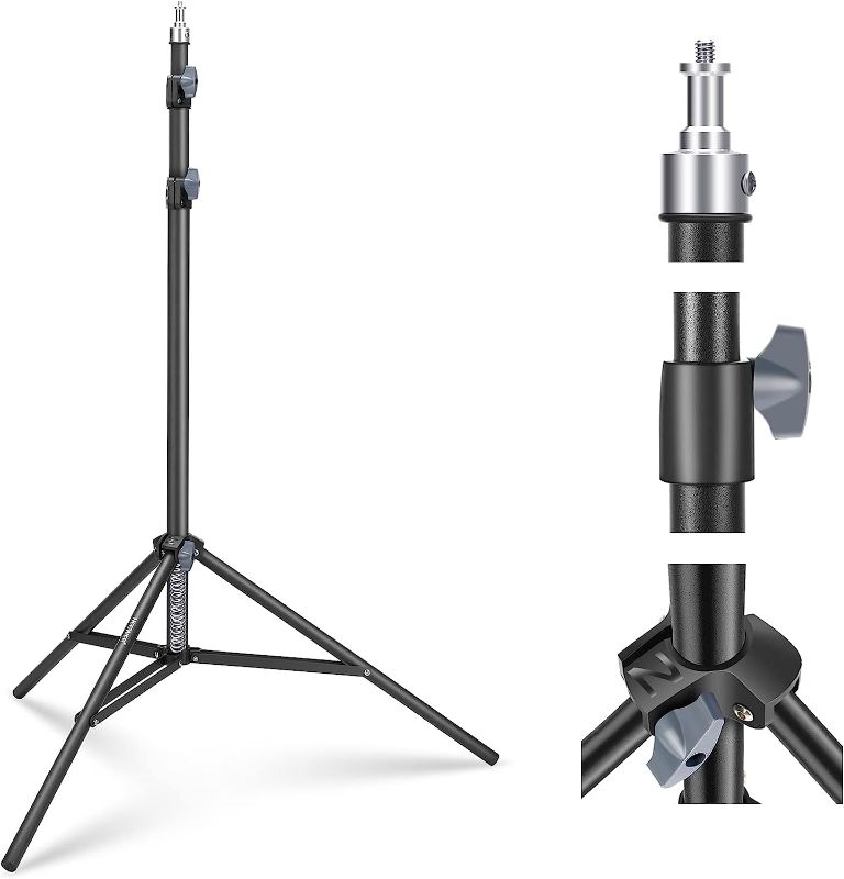 Photo 1 of NEEWER Photography Light Stand 2.85-6.6ft/87-200cm, Spring Loaded Aluminum Tripod Stand with ø28mm Thicker Tube Diameter for Ring Light/LED Light/Strobe Flash/Softbox, Max Load 22lbs, ST-200
