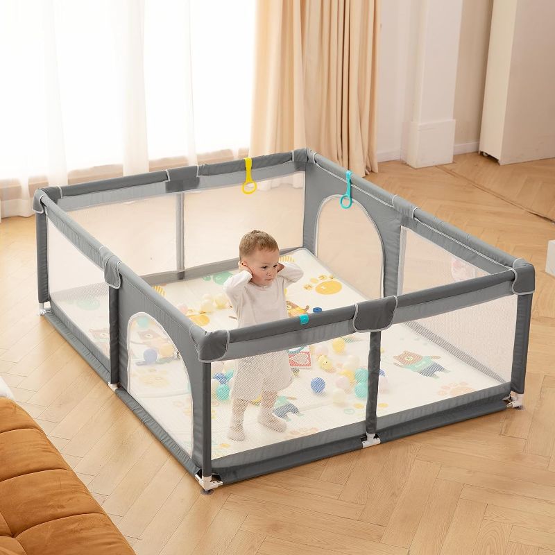 Photo 1 of Baby Playpen,71"x59" Extra Large Playard for Babies & Toddlers with Gate,Toys 0-6 to 12 Months Baby Activity Center,Sturdy Safety with Soft Mesh(Gray)
