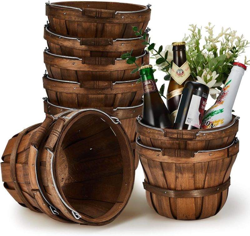 Photo 1 of 10 Pcs Round Wooden Baskets Easter Baskets Portable Wood Fruit Buckets with Handles Garden Harvest Basket Fruits Vegetables Storage Container Party Supplies, 7.5 x 5.9 Inch (Dark Brown)
