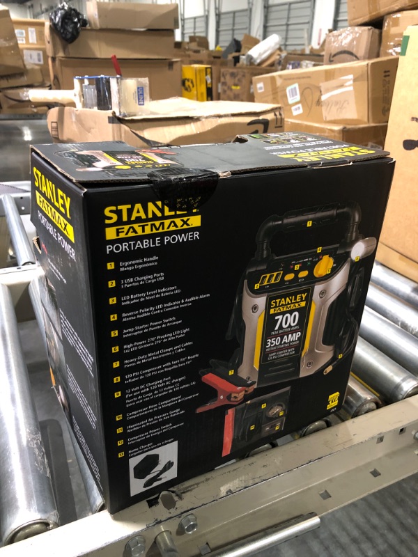 Photo 3 of STANLEY FATMAX J7CS Portable Power Station Jump Starter: 700 Peak/350 Instant Amps, 120 PSI Air Compressor, 3.1A USB Ports, Battery Clamps