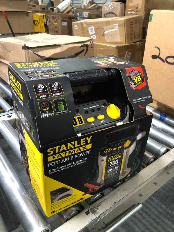 Photo 2 of STANLEY FATMAX J7CS Portable Power Station Jump Starter: 700 Peak/350 Instant Amps, 120 PSI Air Compressor, 3.1A USB Ports, Battery Clamps