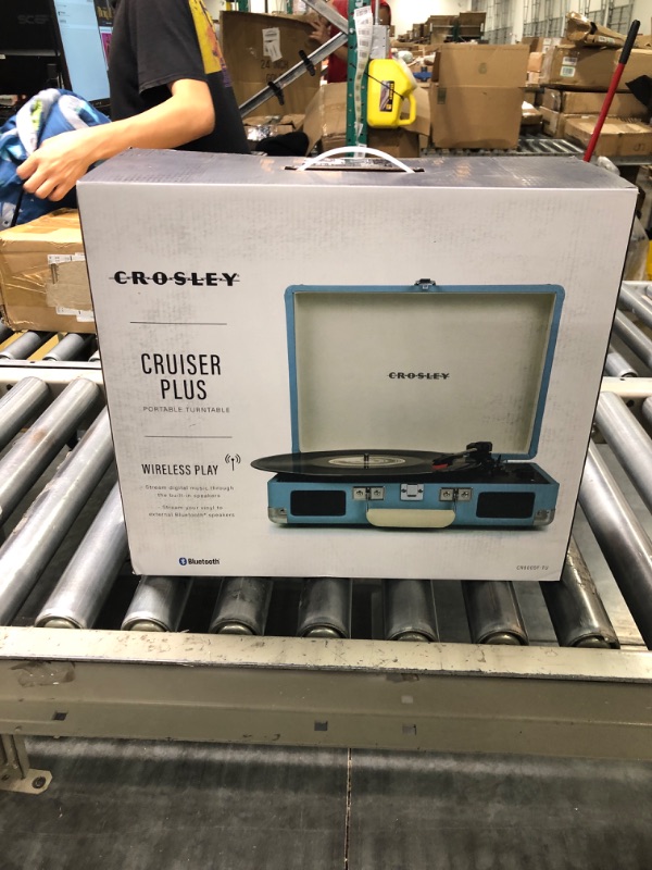 Photo 2 of Crosley CR8005F-TU Cruiser Plus Vintage 3-Speed Bluetooth in/Out Suitcase Vinyl Record Player Turntable, Turquoise/White Bluetooth In/Out Turquoise/White