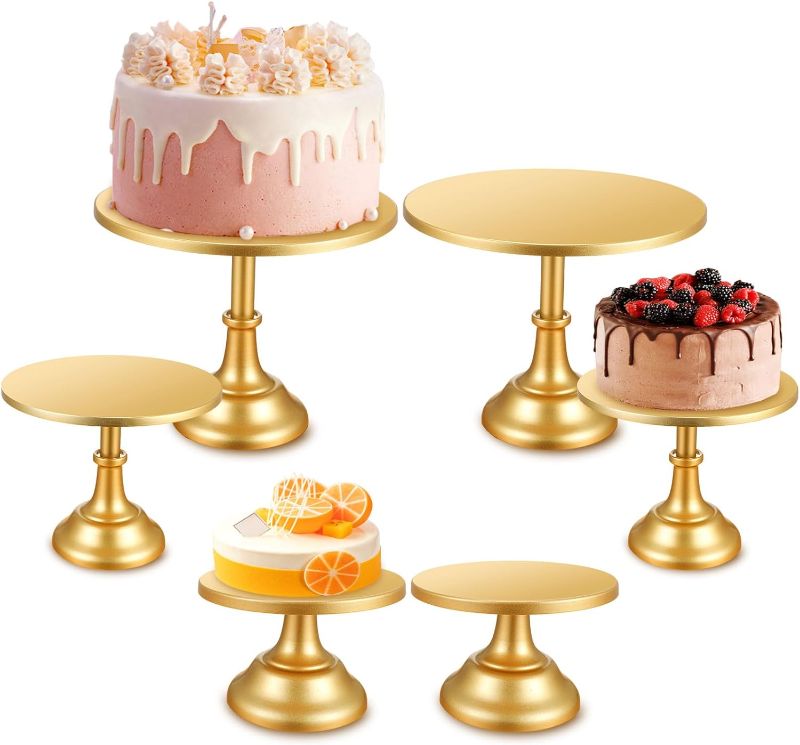 Photo 1 of 6 Pcs Gold Cake Stand Set Round Dessert Metal Display Table Cupcake Pedestal Table Tall Cake Stands Serving Platter Holders for Wedding Table Birthday Baby Shower Party Home Decor