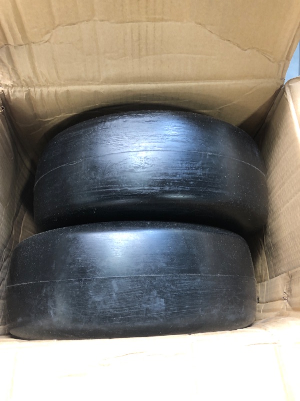 Photo 3 of 2 PCS Upgrade 13x5.00-6" Flat Free Lawn Mower Smooth Tire, Commercial Grade Lawn and Garden Mower Turf Replacement Solid Tire and Wheel with Steel Rim, 3/4" Grease Bushing and 3.25"-5.9" Centered Hub