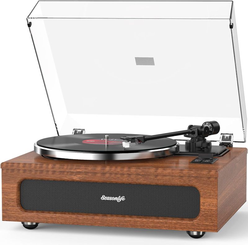 Photo 1 of seasonlife Vintage Record Player for Vinyl with Speakers High Fidelity Belt Drive Turntables Records Built-in 2 Tweeter and Bass, All-in-One LP MM Cartridge Wireless Pairing AUX RCA, Brown,(HQ-KZ018)
