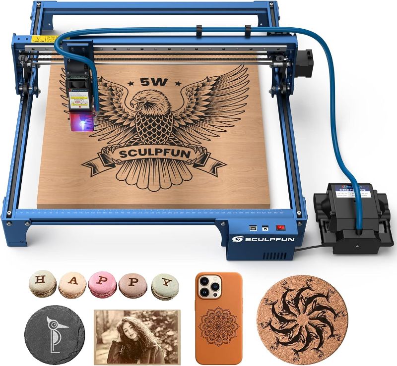 Photo 1 of SCULPFUN S30 Laser Engraver with Auto Air Assist Pump & Nozzle, Limit Switchs, 5W CNC Laser Cutter, Industrial Grade Accuracy Engraving Machine, 10 Times Longer Laser Service Life
