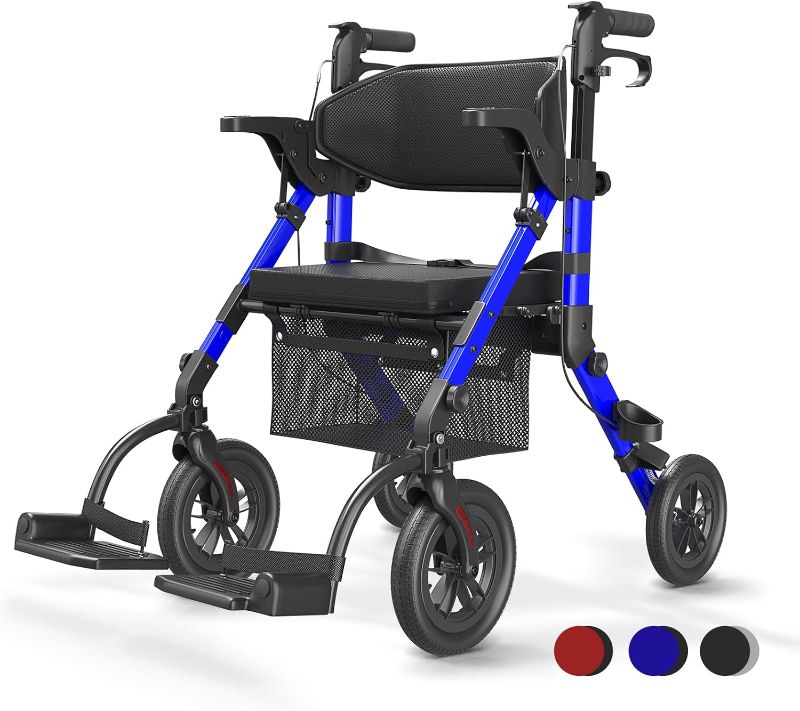 Photo 1 of 2 in 1 Walkers for Seniors with Seat, VOCIC Transformable Rollator Walker and Transport Chair, Transport Wheelchair w/Paded Seatrest, Pouch, Backrest and Footrest-Pashion Blue
