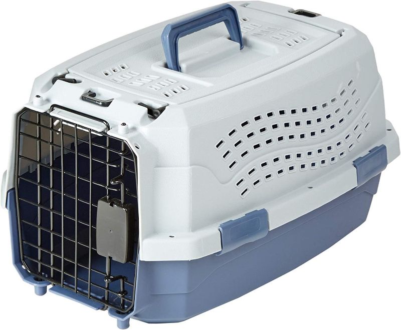 Photo 1 of Amazon Basics 2-Door Top-Load Hard-Sided Cat Pet Travel Carrier, 19-Inch, Gray & Blue
