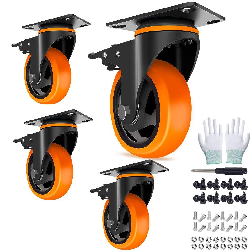 Photo 1 of 4 Inch Caster Wheels, Casters Set of 4, Heavy Duty Casters with Brake 2200 Lbs, Locking Industrial Swivel Top Plate Casters Wheels for Furniture and Workbench Cart(Two Hardware Kits Include) Orange 4 Inch