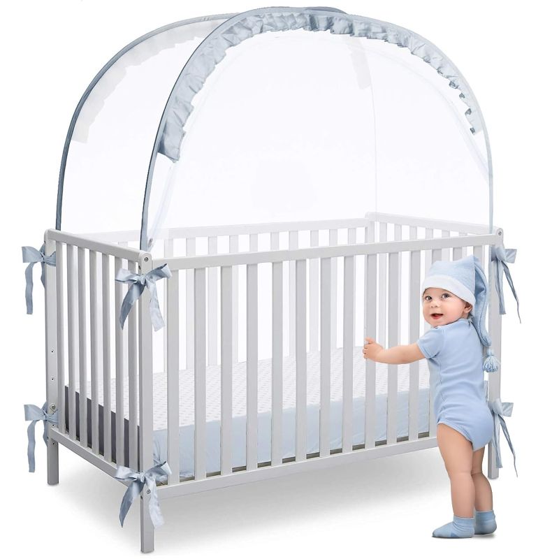 Photo 1 of L RUNNZER Baby Crib Tent, Pop Up Crib Canopy to Keep Baby from Climbing Out, Safety Crib Net Mosquitoes Net with See-Through Mesh, Fits Most Standard Cribs Gray Crib Tent