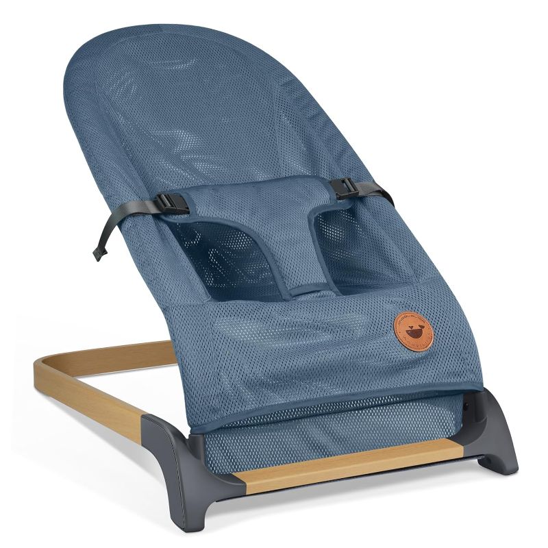 Photo 1 of ANGELBLISS Baby Bouncer, Portable Bouncer Seat for Babies, Infants Bouncy Seat with Wood Grain Base, Natural Vibrations BLUE
