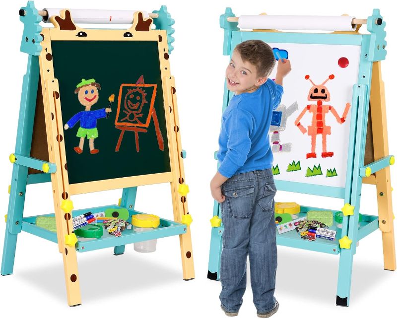 Photo 1 of Kids Easel with Paper Roll Double-Sided Whiteboard & Chalkboard Adjustable Kids Art Easel Standing Easel with Accessories for Kids and Toddlers