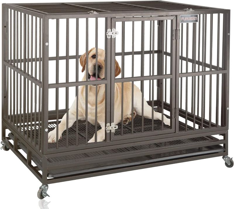 Photo 1 of 37 Inch Indestructible Dog Crate Heavy Duty Dog Kennel Steel Dog Cage with Wheels, Escape Proof Dog Kennel and Crate for Large Dogs, Extra Large Dog Crates Indoor with Sturdy Lock & Removable Tray
