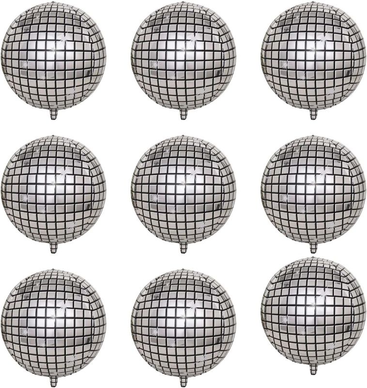 Photo 1 of 10 Pieces 10 Inches 4D Disco Ball Balloons for 70s Disco Party Decorations 4D Silver Laser Foil Balloon Metallic Mirror Balloon for Disco Dance Party Birthday Party Wedding Ceremony