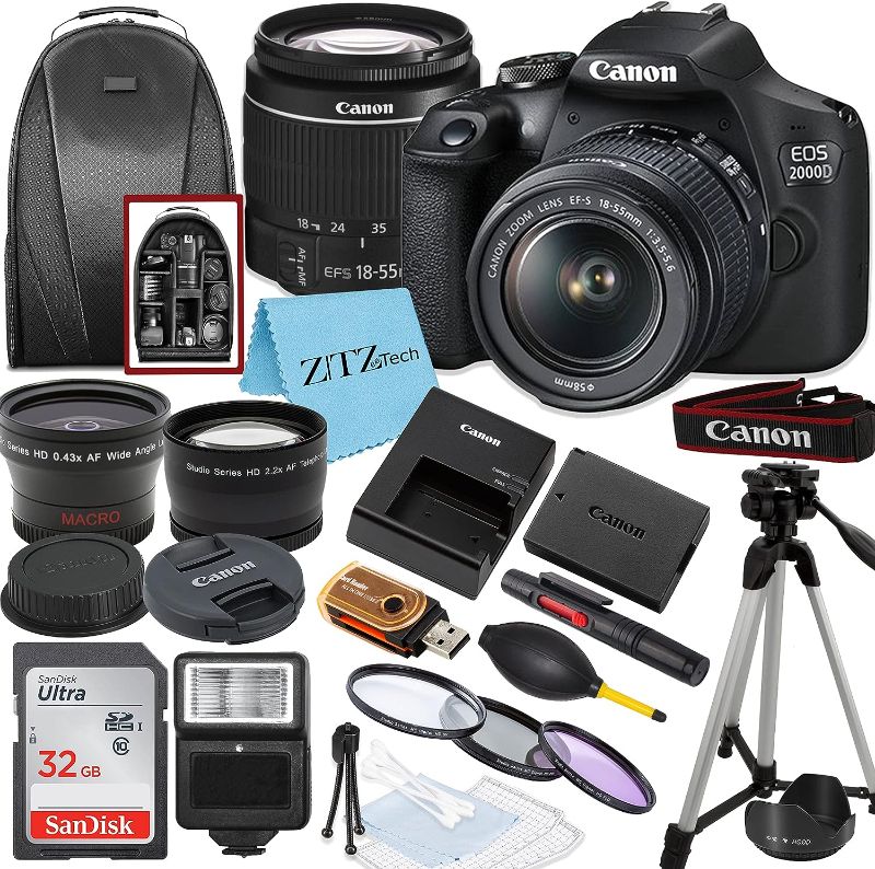 Photo 1 of Canon EOS 2000D / Rebel T7 DSLR Camera with EF-S 18-55mm Lens + SanDisk 32GB Card Tripod Case Wideangle Lenses ZeeTech Accessory Bundle (20pc Bundle) (18-55MM, Card) (Renewed) Black