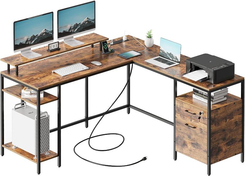 Photo 1 of SUPERJARE Reversible Computer Desk with Power Outlets & File Cabinet, L Shaped Desk with Monitor Stand & Storage Shelves, Corner Desk Home Office Desk, Rustic Brown