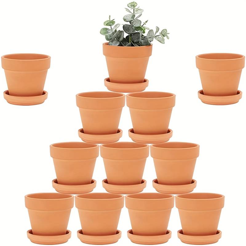 Photo 1 of 10 Pcs 4 Inch Terracotta Pots with Saucer Small Clay Plant Pots with Drainage Holes Flower Pots Tray for Indoor Outdoor Plants Succulent Display