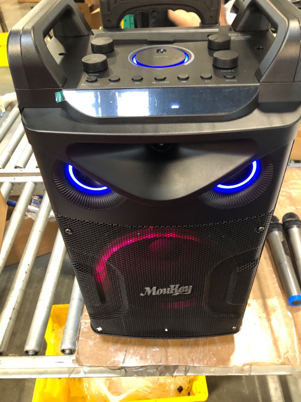 Photo 1 of Moukey Karaoke Machine, 10" Woofer Portable PA System, Bluetooth Speaker with 2 Wireless Microphones, Lyrics Display Tablet Holder, Party Lights & Echo/Treble/Bass Adjustment Support REC/AUX/USB/TF
