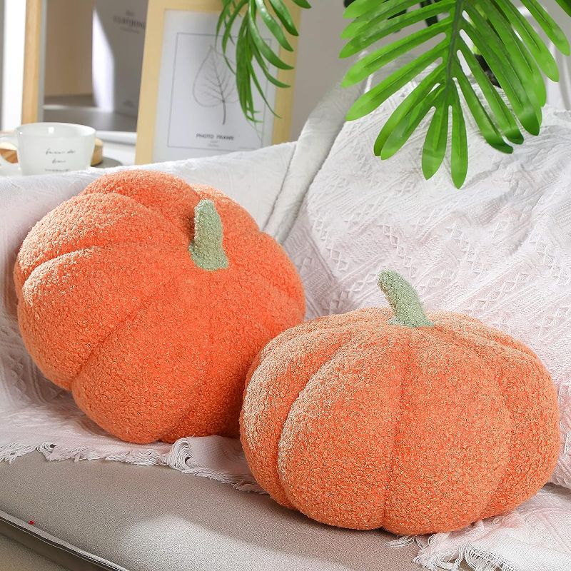 Photo 1 of 2 Pieces Pumpkin Throw Pillow Fall Thanksgiving Cushion 11 x 9.5 Inch 3D Pumpkin Throw Pillow Pumpkin Sofa Throw Pillow Cushion Home Decoration for Car Bedroom Sofa Couch Living Room (Orange)