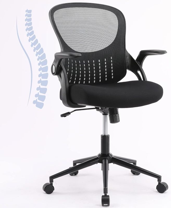 Photo 1 of Mesh Desk Chair with Wheels Black Mesh Office Chair with Flip Up Arms Mesh Back Home Office Desk Chair with Good Lumbar Support Height Adjustable Office Task Chairs Clearance