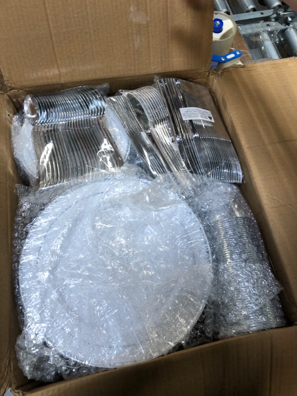 Photo 2 of 600 Piece Silver Dinnerware Set 100 Guests, Disposable Silver Rim Plates, 100 Dinner Plastic Plates, 100 Salad Silver Plates, 100 Silver Plastic Silverware, 100 Plastic Cups Wedding Birthday Parties