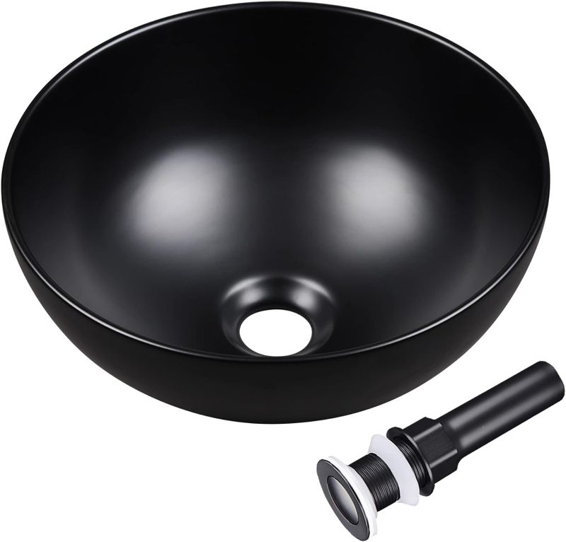 Photo 1 of Aquaterior 12" Bathroom Round Bowl Vessel Sink with Pop up Drain Above Counter Countertop Porcelain Ceramic RV Bathroom Mini Basin Black
