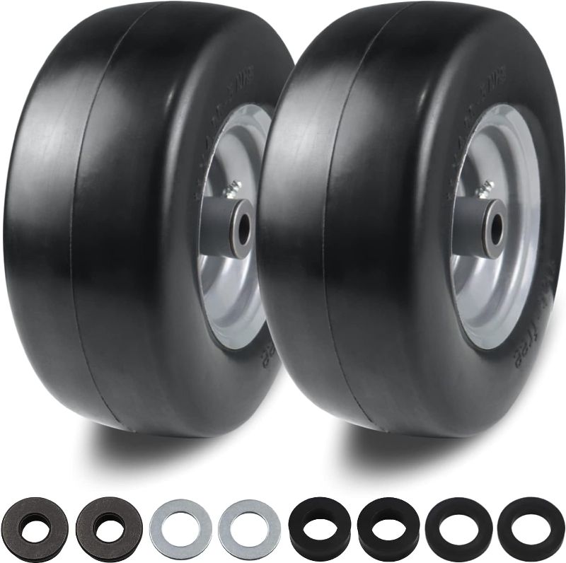 Photo 1 of 2 PCS 11x4.00-5" Flat Free Lawn Mower Tire on Wheel, 3/4" or 5/8" Bushing, 3.4"-4"-4.5-5" Centered Hub, Universal Fit Smooth Tread Tire for Zero Turn Lawn Mowers,