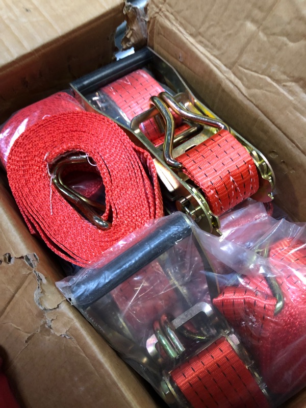 Photo 3 of 8 Pack 2 Inch x 15 ft Ratchet Tie Down Straps Heavy Ratchet Straps Up to 5000lbs Strength Cargo Straps with J Hooks for Moving Appliances Trailers Lawn Equipment Motorcycle Trucks (Red)