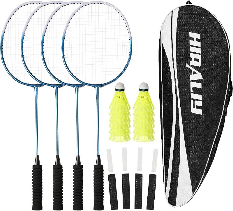 Photo 1 of HIRALIY Badminton Rackets Set of 4 for Outdoor Backyard Games, Including 4 Rackets, 12 Nylon Shuttlecocks, 4 Replacement Grip Tapes (Blue)
