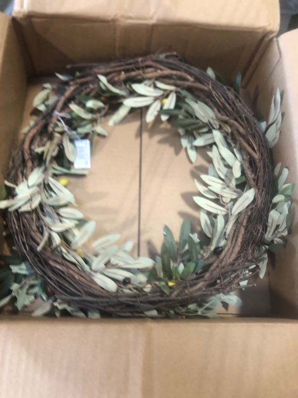 Photo 2 of Wreath - Nearly Real, Olive Leaf: 17-Inches Rustic Farmhouse, Greenery Wreaths, Faux Foliage Wreath, for Front Door, Welcome, Christmas, Outdoor, Indoor - Round, Green 1 17-Inches