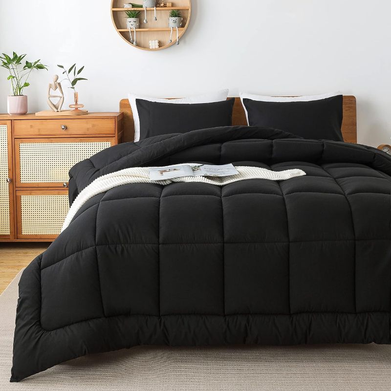 Photo 1 of Black Queen Comforter Set, Lightweight All Season Soft Down Alternative Bed Comforter, 3 Pieces Bedding Set with 2 Pillowcases, Queen Size, 88"x90"
