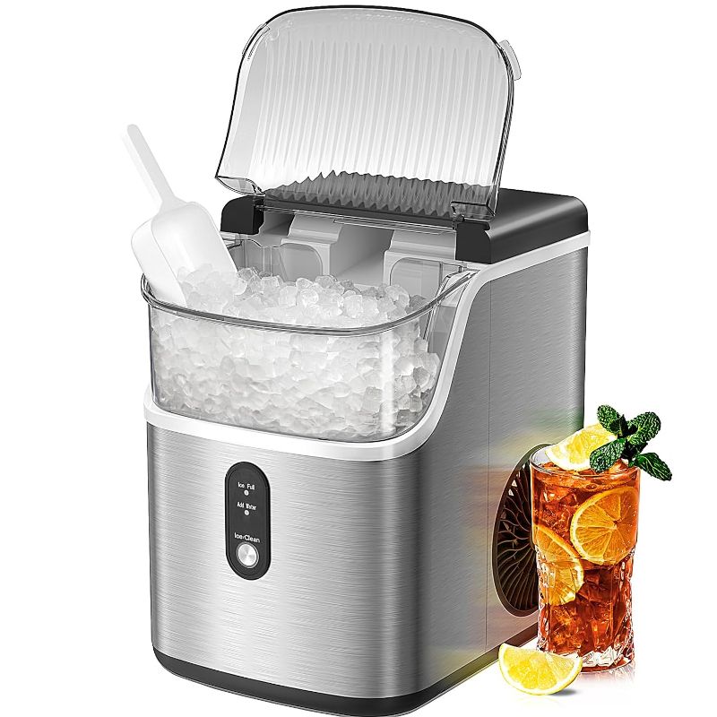 Photo 1 of Countertop Ice Maker with Soft Chewable Pellet Ice, Pebble Portable Ice Machine, 35Lbs/24H, Self-Cleaning, Sonic Ice, One Button Operation, for Kitchen,Office Stainless Steel Silver