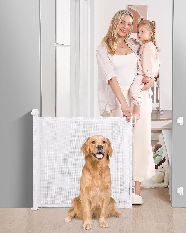 Photo 1 of Likzest Retractable Baby Gate, Mesh Baby and Pet Gate 33" Tall, Extends up to 55" Wide, Child Safety Baby Gates for Stairs Doorways Hallways, Dog Gate Cat Gate for Indoor and Outdoor (White)
