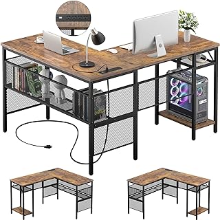 Photo 1 of Unikito L Shaped Computer Desk with Magic Portable 4 Power Outlets and USB Charging Ports, 55 Inch Reversible L-Shaped Corner Table with Storage Shelf, 2 Person Home Office Gaming Desk, Rustic Brown
