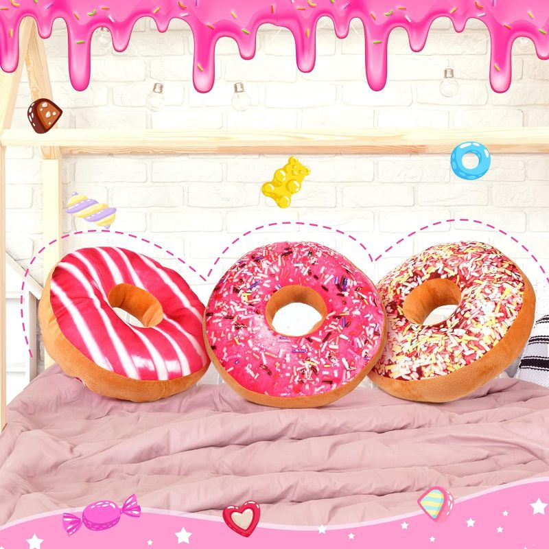 Photo 1 of 3 Pieces Donut Round Throw Pillow 16 Inch Pink Donut 3D Digital Print Pillow Cute Doughnut Shaped Funny Pillows Soft Plush Food Stuffed Decor Comfortable Cushion for Floor Chair Couch