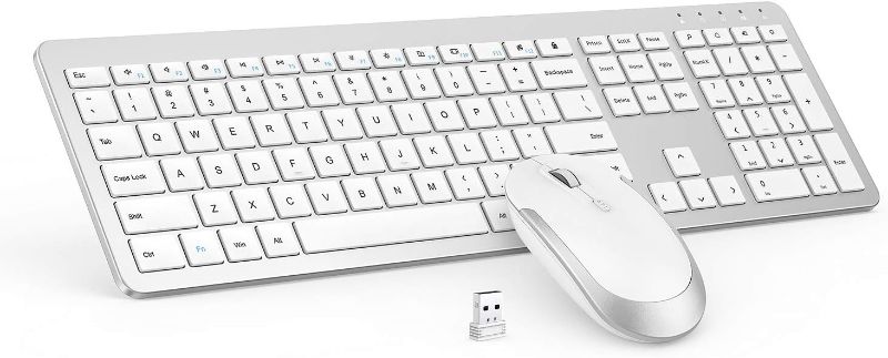 Photo 1 of Full Size Slim Thin Wireless Keyboard and Mouse Combo with Numeric Keypad with On/Off Switch - White & Silver