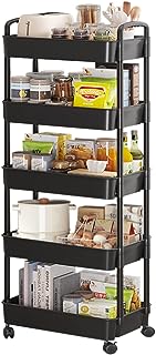 Photo 1 of 5-Tier Rolling Cart, Multipurpose Utility Cart, Rolling Carts with Lockable Wheels, Storage Cart Craft Cart Organizer for Bathroom Laundry Kitchen,Used as Book Art Snack lash Makeup Diaper cart,Black